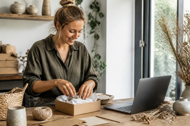 Small business owner packing orders at home