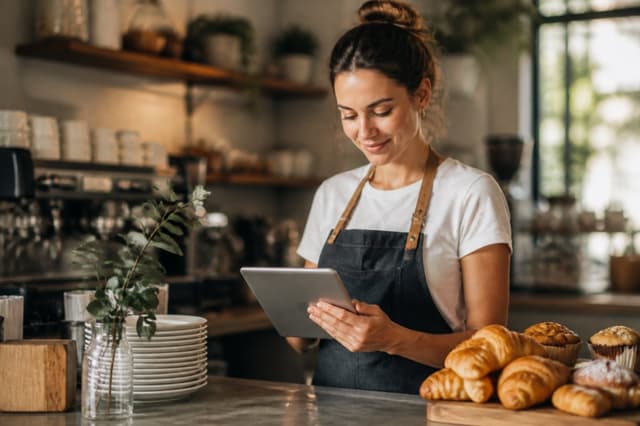 Café owner checking her books on a tablet