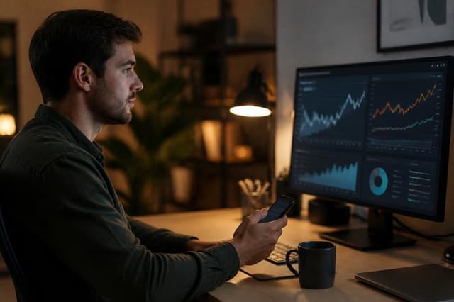 Investor reviewing portfolio charts at his desk