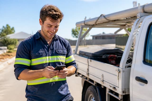 Tradesman checking his phone beside his ute