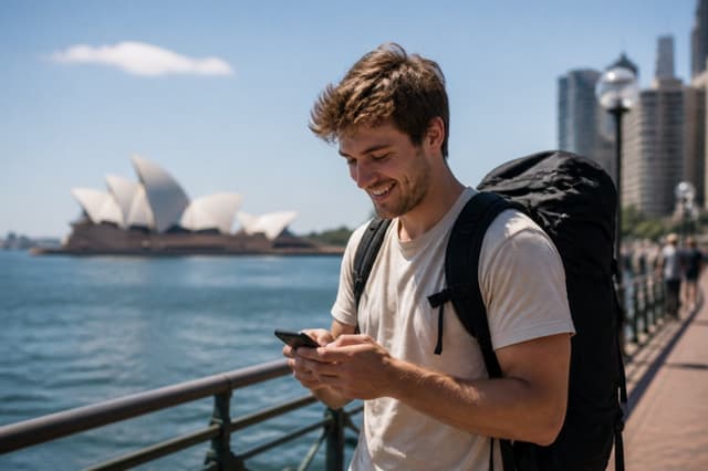 Backpacker checking his phone at Sydney Harbour