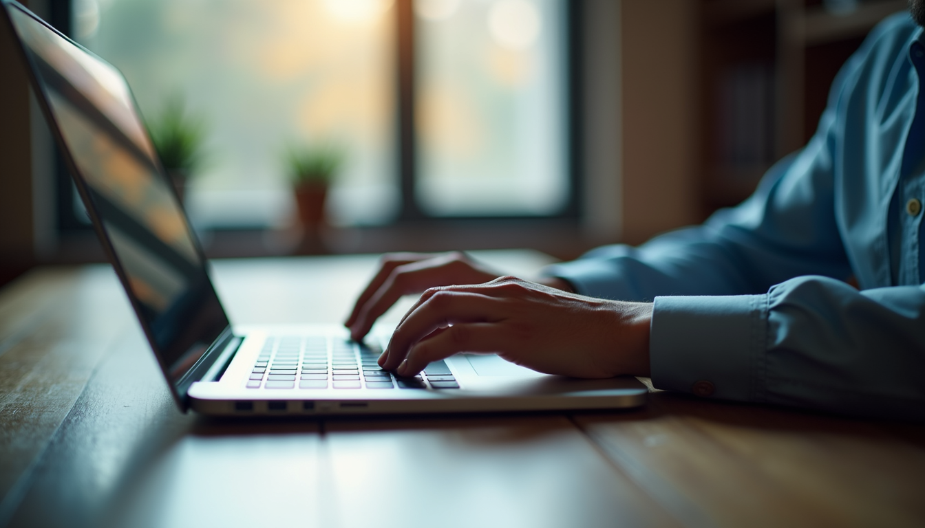 Close-up view of a person typing on a laptop with tax software