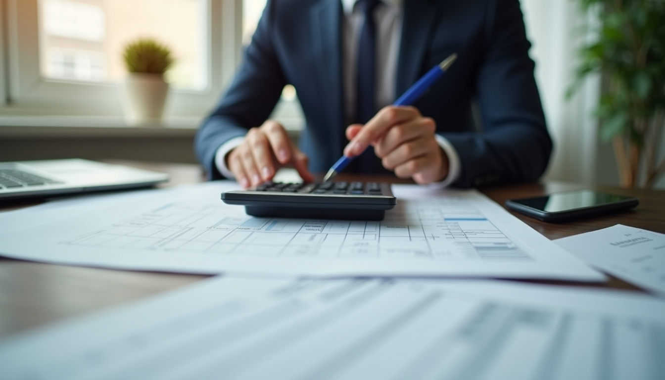 Eye-level view of a tax advisor reviewing a document with a calculator